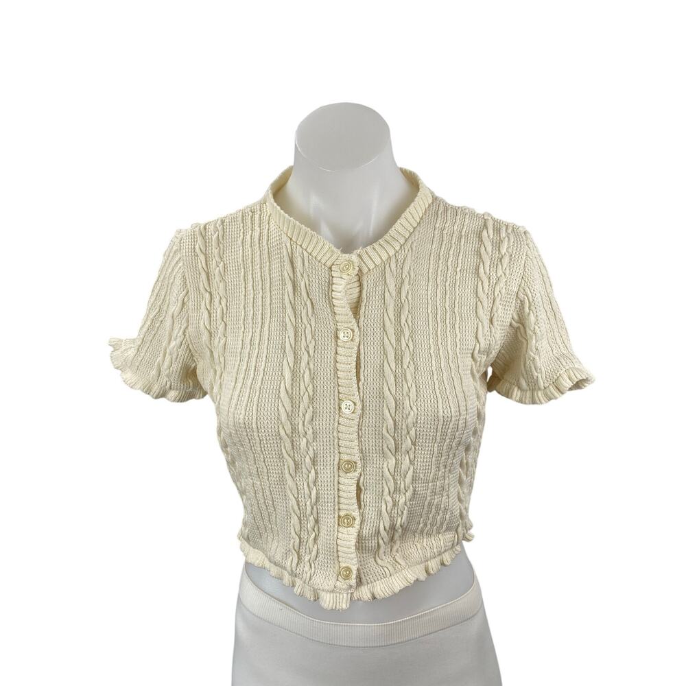 Zara Women's Cream Cable Knit Short Sleeve Button Down Sweater Crop Top Size M